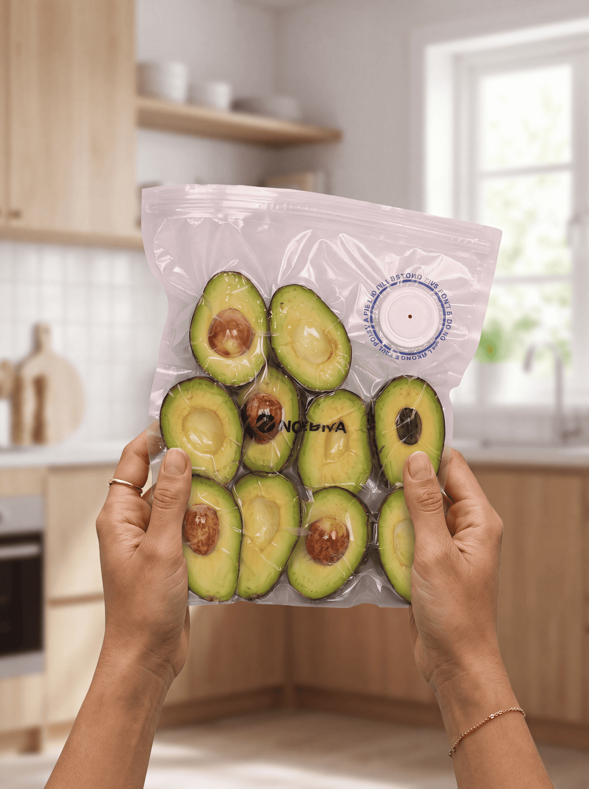 To hænder holder en vakuumeret pose med avocadobåde op